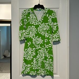J. McLaughlin Green and White V-neck Floral Scroll Dress